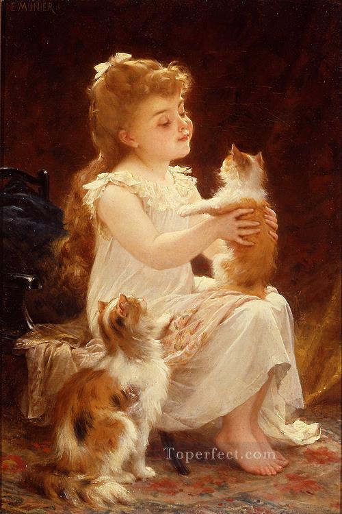jouer avec le chaton Emile Munier enfants animaux Peintures à l'huile